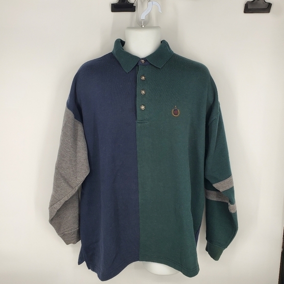 Vintage Bugle Boy Sweatshirt Men XL Green Blue Henley Cut & Sew Hip Hop 90s - Picture 6 of 9